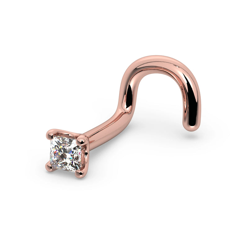 14k rose gold princess-cut diamond nose ring with twist backing, angled side view