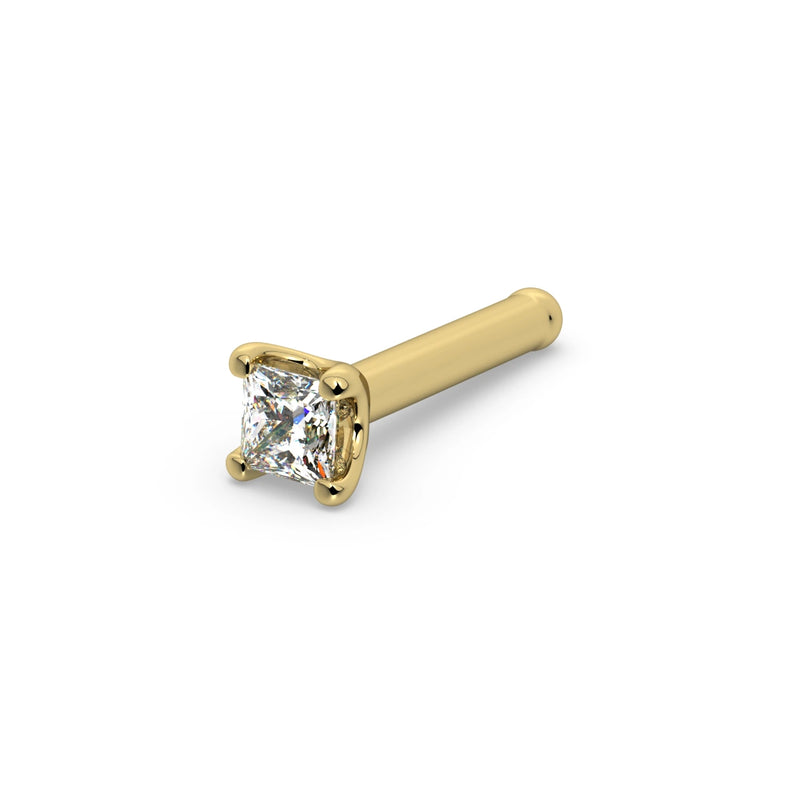 14k yellow gold princess-cut diamond nose bone stud, angled view showing straight post with ball end