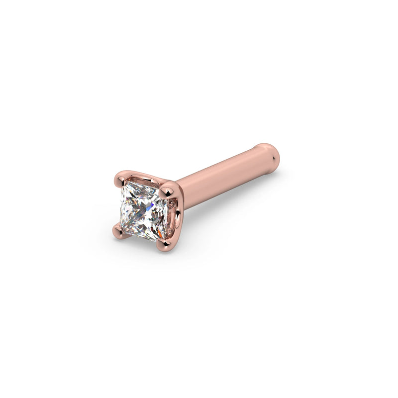 14k rose gold princess-cut diamond nose bone stud, angled view showing straight post with ball end