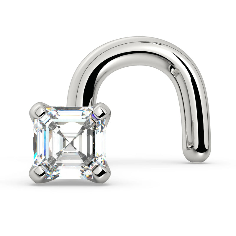 14k white gold Asscher diamond nose ring with twist screw backing, front-facing view