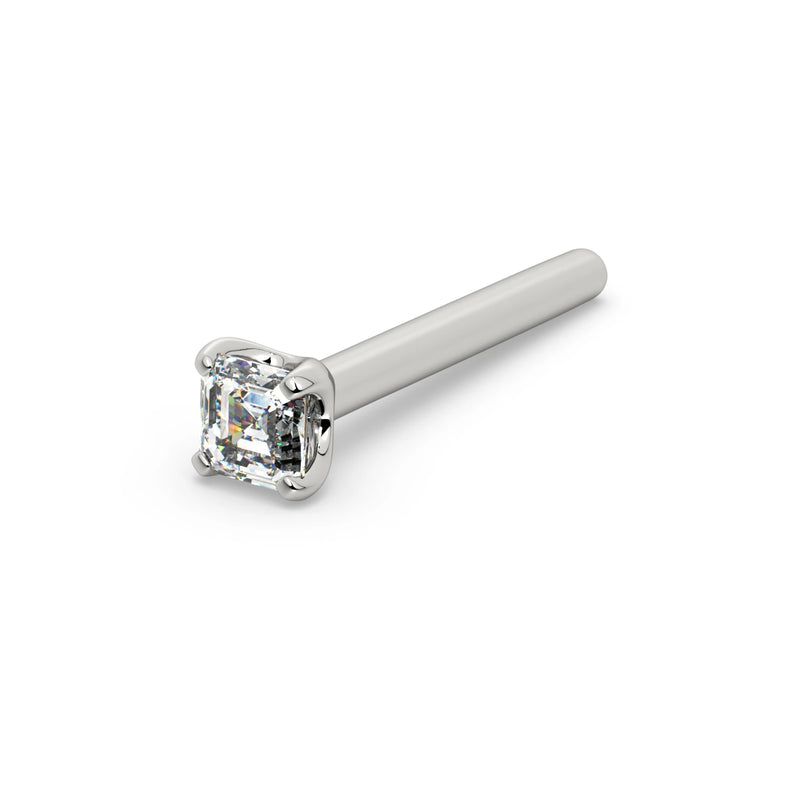 14k white gold Asscher diamond nose stud with straight post, larger angled view highlighting prongs