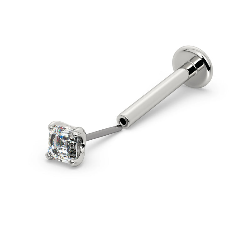 14k white gold Asscher diamond flat back labret showing threadless push-pin end detached from post