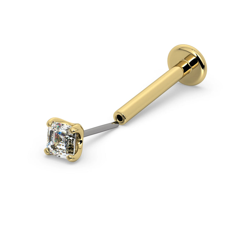 14k yellow gold Asscher diamond threadless flat back labret showing push-pin end separated from post