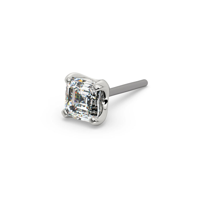 14k white gold 2mm Asscher-cut diamond push-pin end only, close-up showing geometric step-cut facets