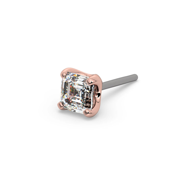 14k rose gold 2mm Asscher-cut diamond push-pin end only, angled view revealing stepped facets and four-prong setting