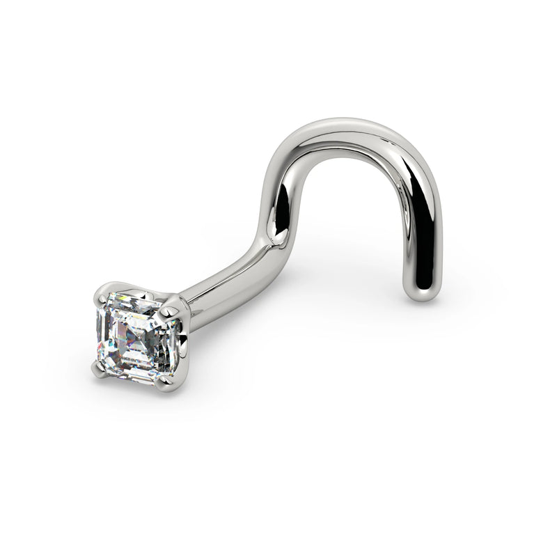 14k white gold Asscher diamond nose ring with twist screw backing, angled side view