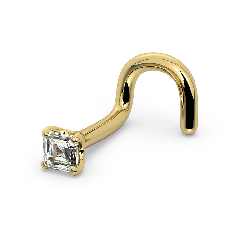 14k yellow gold Asscher-cut diamond nose ring with twist screw style, angled side view