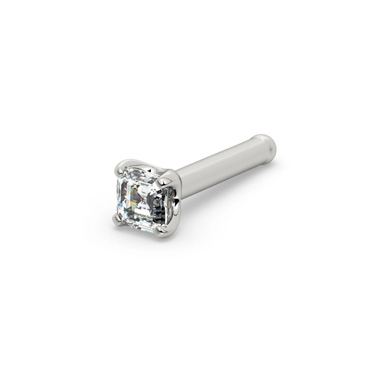 14k white gold Asscher diamond nose ring with straight bone post, angled view showing post length