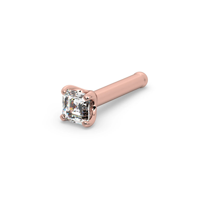 14k rose gold Asscher diamond nose stud with straight bone post, angled view showing prong setting