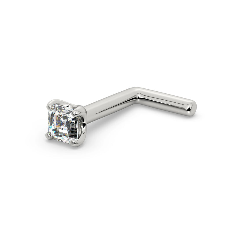 14k white gold Asscher-cut diamond nose ring with L-post backing, angled view showing bent post