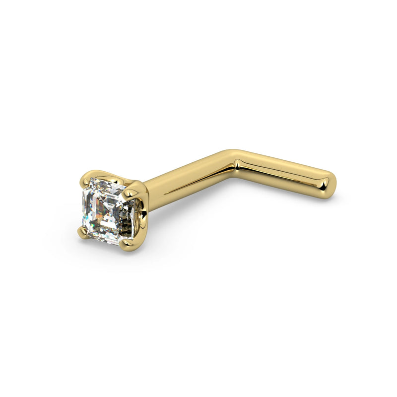 14k yellow gold 2mm Asscher diamond nose ring with L-post style, angled view showing gold post