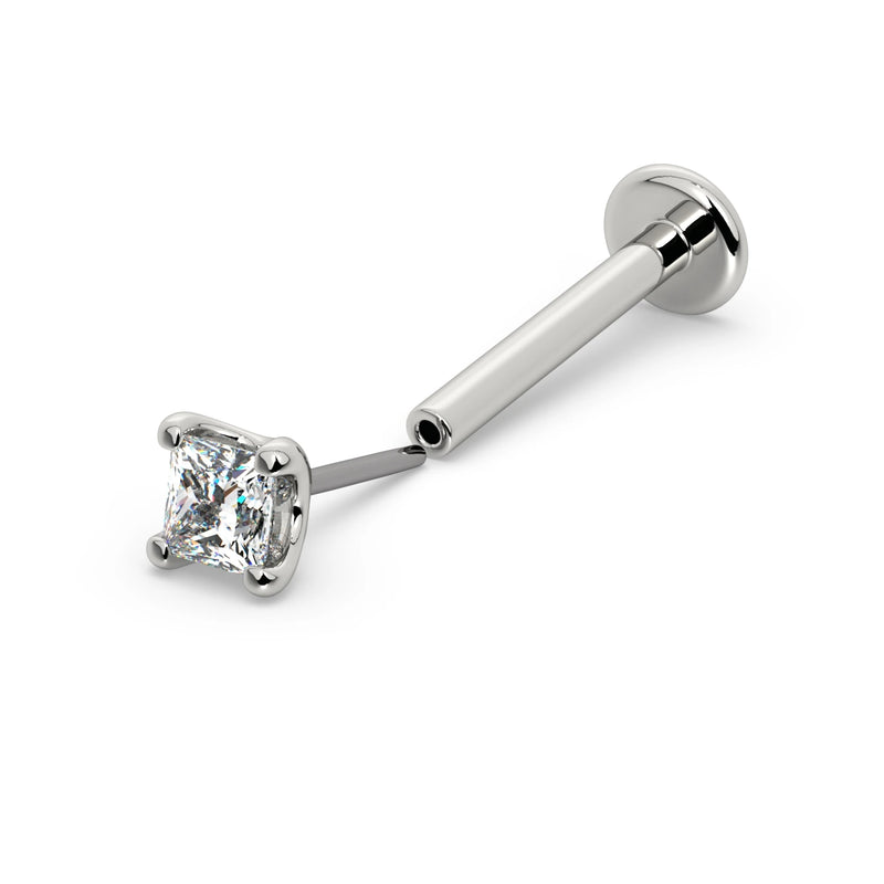 14k white gold 2mm princess-cut diamond flat back labret, angled view showing post and flat disc backing