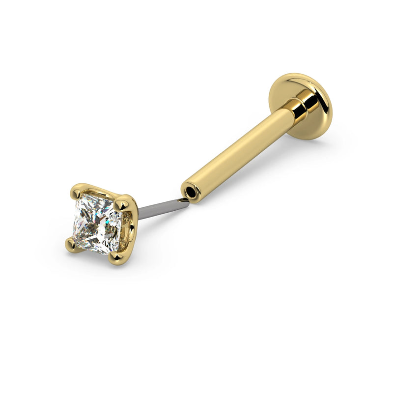 14k yellow gold 2mm princess-cut diamond threadless flat back labret, full post and disc backing visible