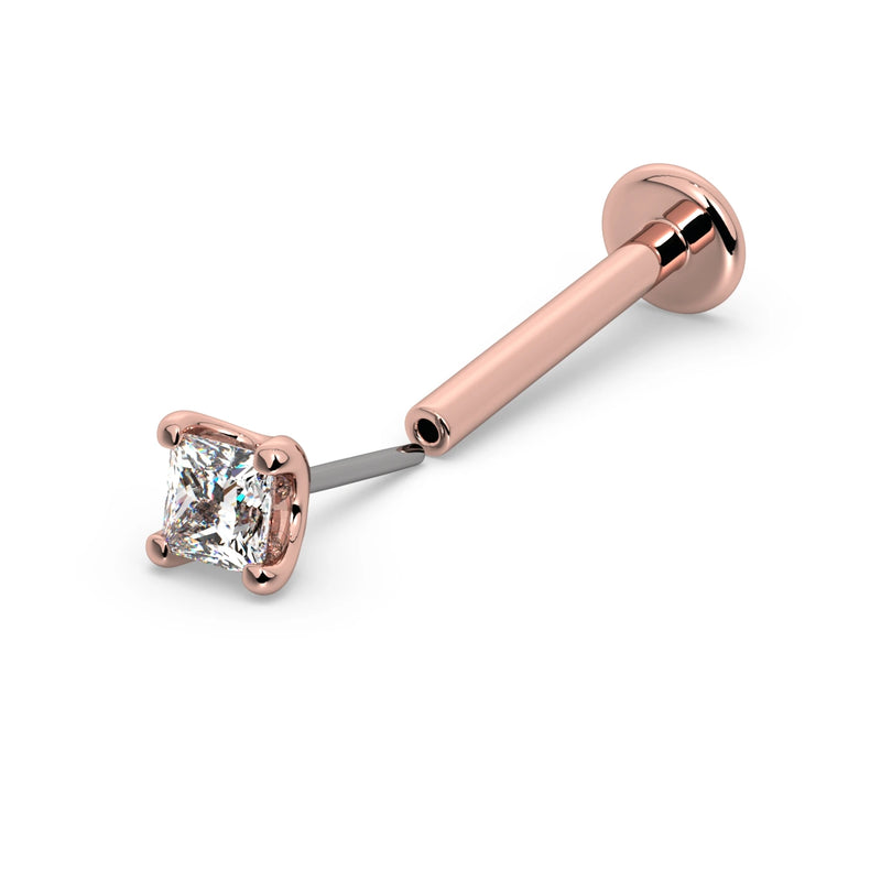 14k rose gold 2mm princess-cut diamond flat back labret stud, angled view with flat disc backing visible