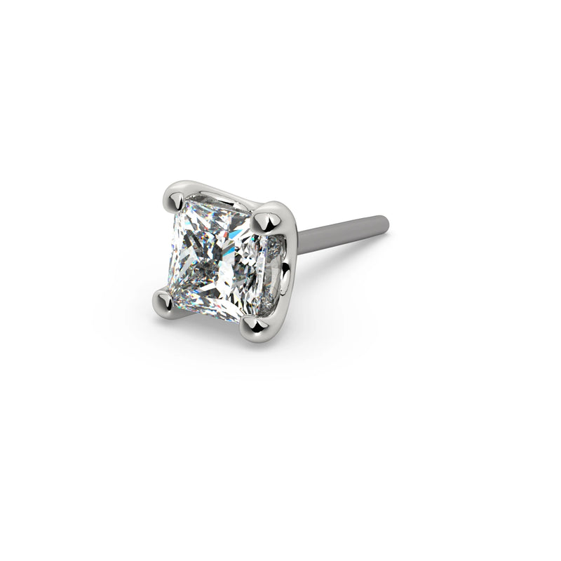 14k white gold 2mm princess-cut diamond push-pin end only, angled view with titanium pin exposed