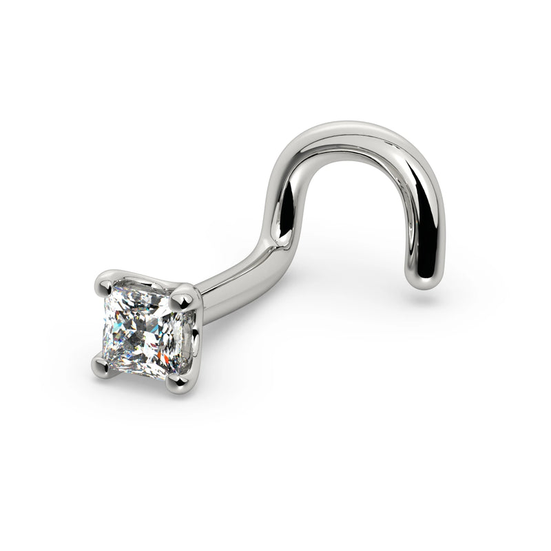 14k white gold 2mm princess-cut diamond nose ring with twist screw backing, side profile view