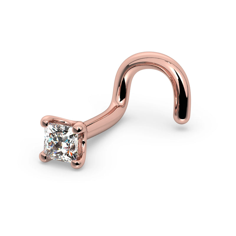 14k rose gold 2mm princess-cut diamond nose ring with twist screw backing, angled view