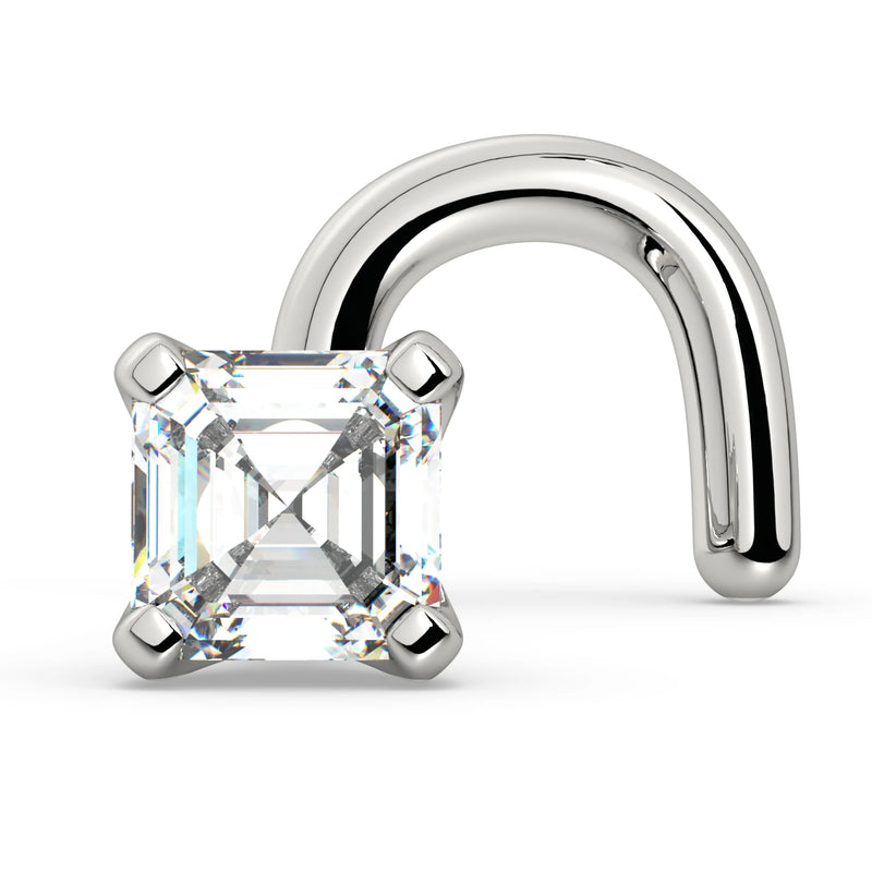 14k white gold Asscher-cut diamond nose ring, twist style, front view showing full corkscrew post