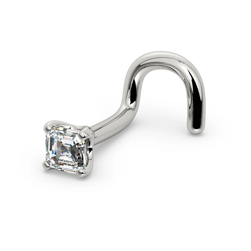 14k white gold Asscher-cut diamond nose ring, twist style, side angle showing screw post detail