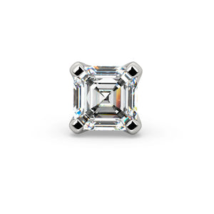 Top-down close-up of 2.3mm Asscher-cut diamond in four-prong setting, revealing stepped facets