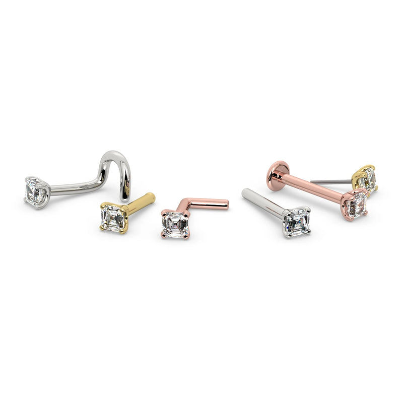 14k gold Asscher diamond nose ring shown in all styles: twist, bone, L-post, and flatback across three metal colors