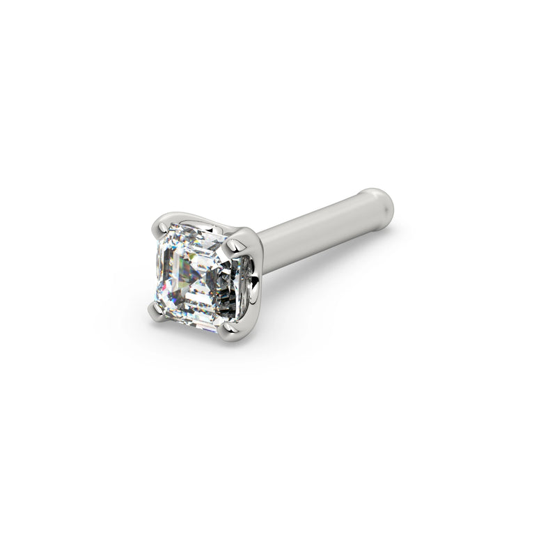 14k white gold Asscher-cut diamond nose bone stud, angled view showing ball-end straight post