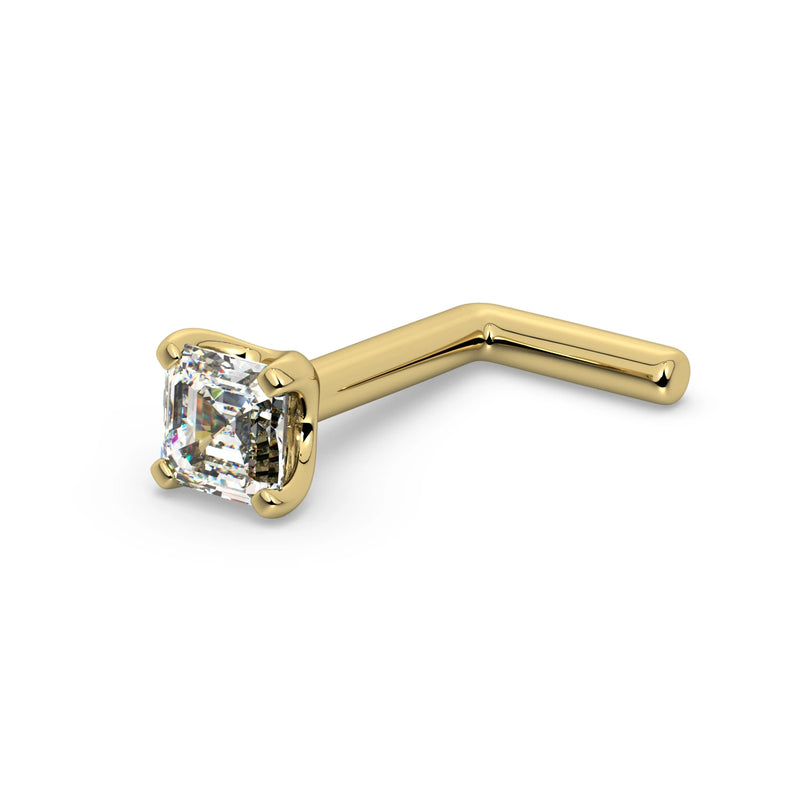 14k yellow gold Asscher-cut diamond L-post nose stud, side view showing angled post