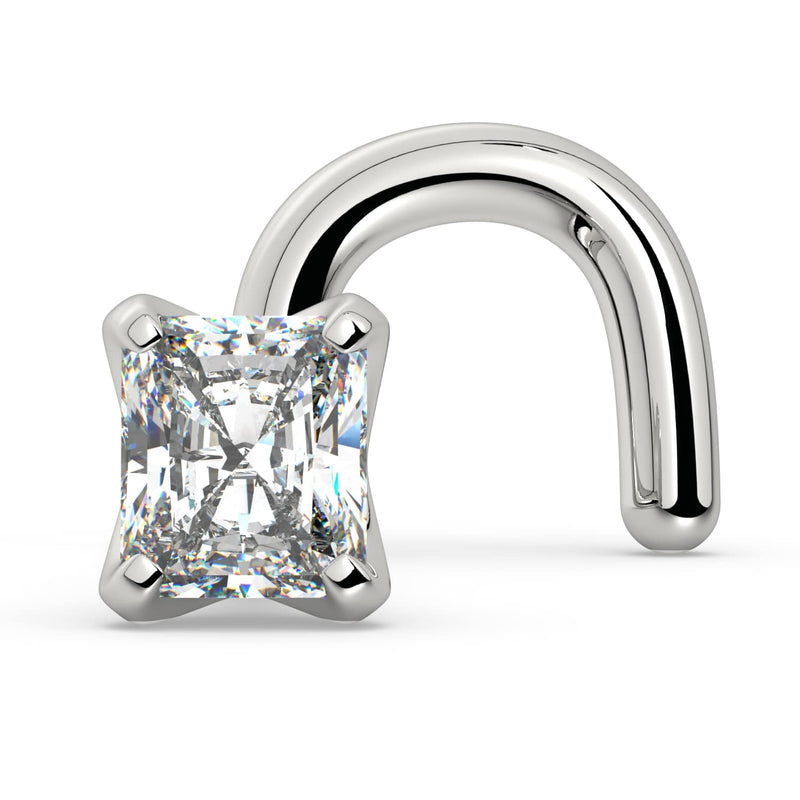 14k white gold radiant-cut diamond nose ring in twist style, side profile showing corkscrew post