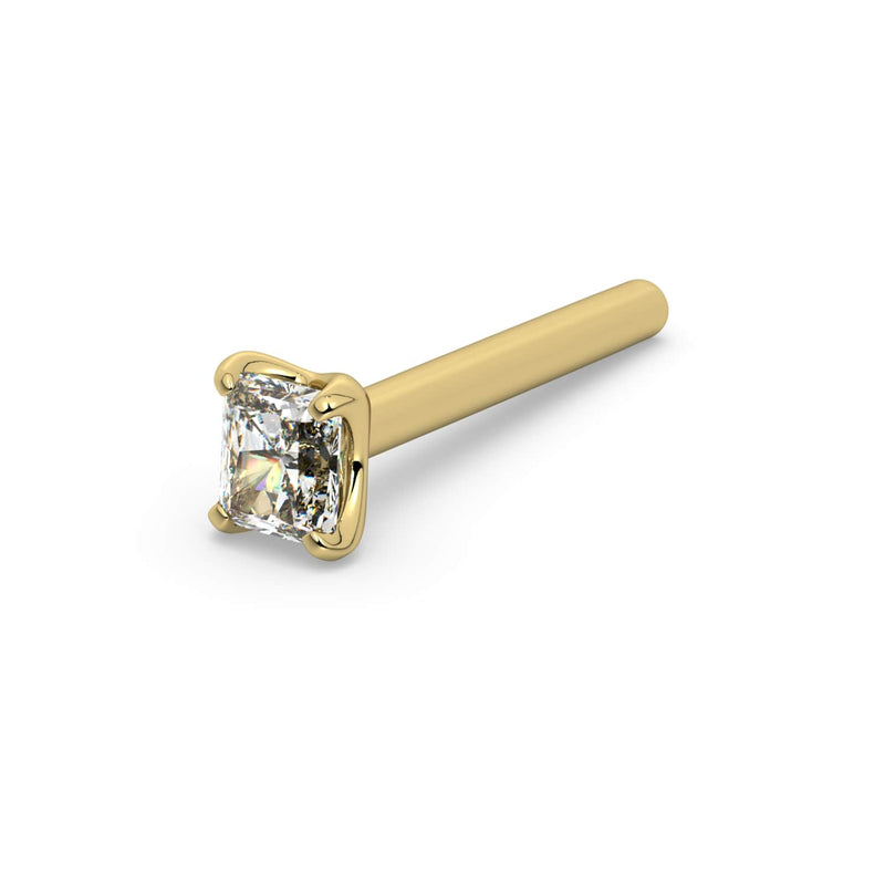 14k yellow gold radiant-cut diamond nose stud straight post style, angled view showing post length