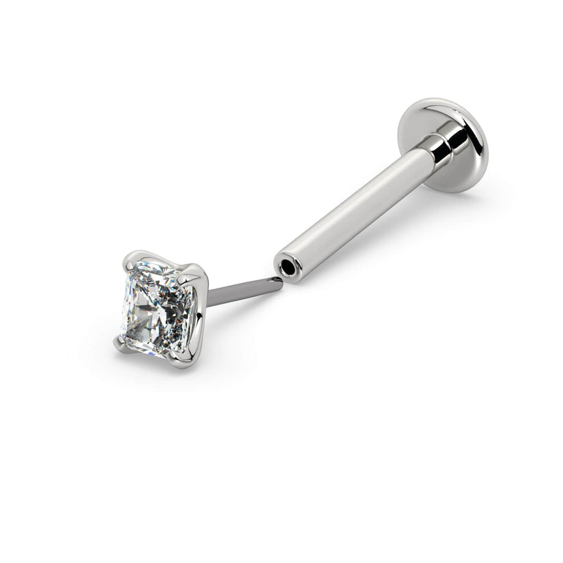 14k white gold radiant-cut diamond threadless flat back labret, side view showing separated push-pin end