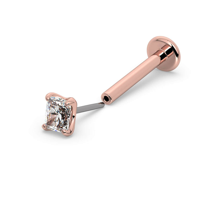 14k rose gold radiant-cut diamond threadless flat back labret, side view showing separated push-pin end