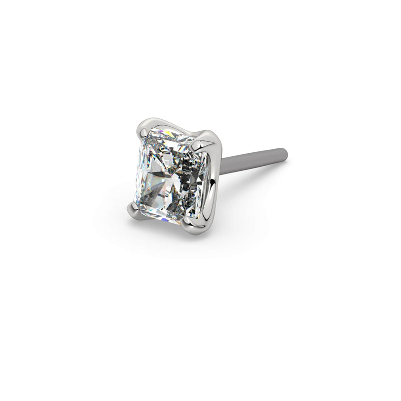 14k white gold 2.3mm radiant-cut diamond push-pin end only, angled view showing sparkle and prong detail
