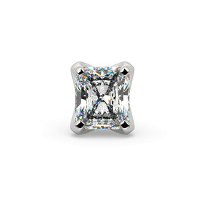 Front view of 2.3mm radiant-cut diamond end in 14k white gold, four-prong setting detail close-up