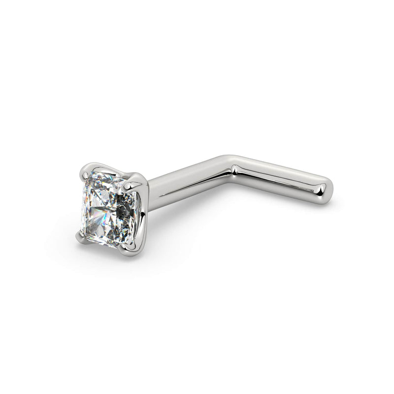 14k white gold 2.3mm radiant-cut diamond nose ring in L-post style, angled side view
