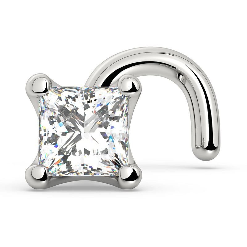 14k white gold princess-cut diamond nose ring with twist backing style, angled side view