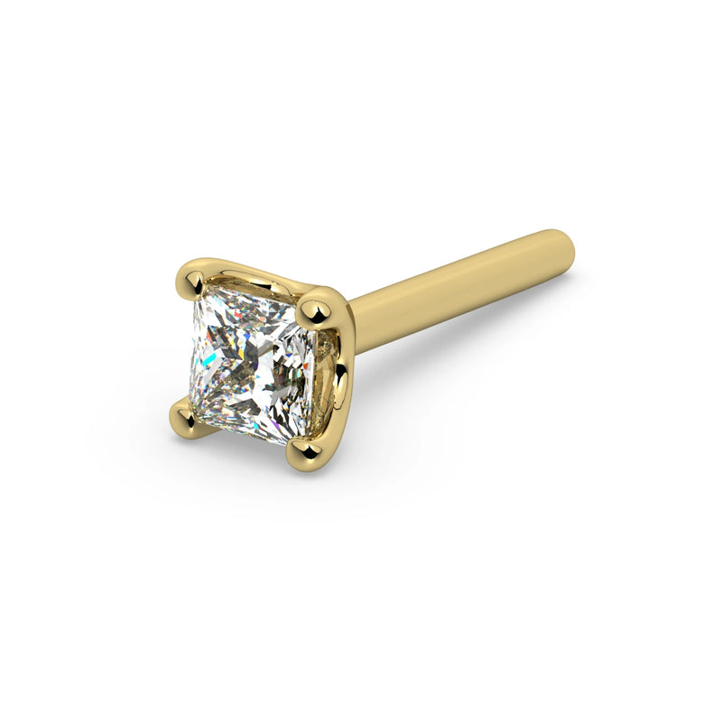 14k yellow gold 2.5mm princess-cut diamond straight-post nose stud, angled view of full piece