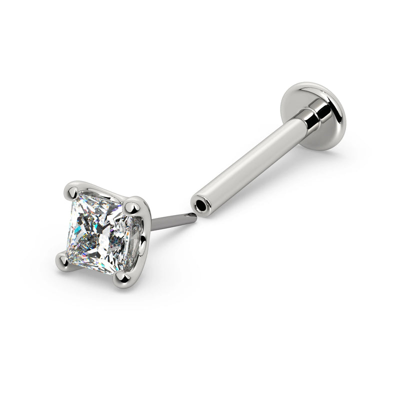 14k white gold 2.5mm princess-cut diamond threadless flat back labret, full view with end separated from post