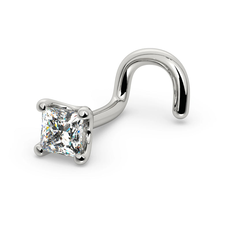 14k white gold 2.5mm princess-cut diamond nose screw, angled view showing full twist post shape