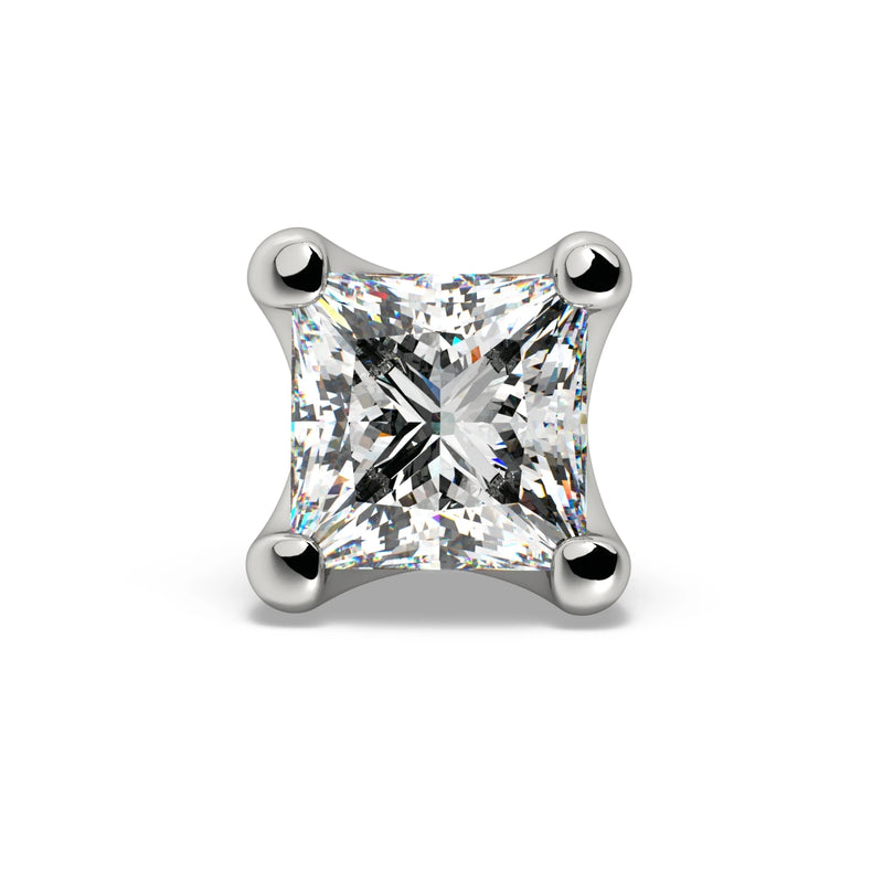 14k white gold 2.5mm princess-cut diamond stud end, straight-on front view showing four-prong setting