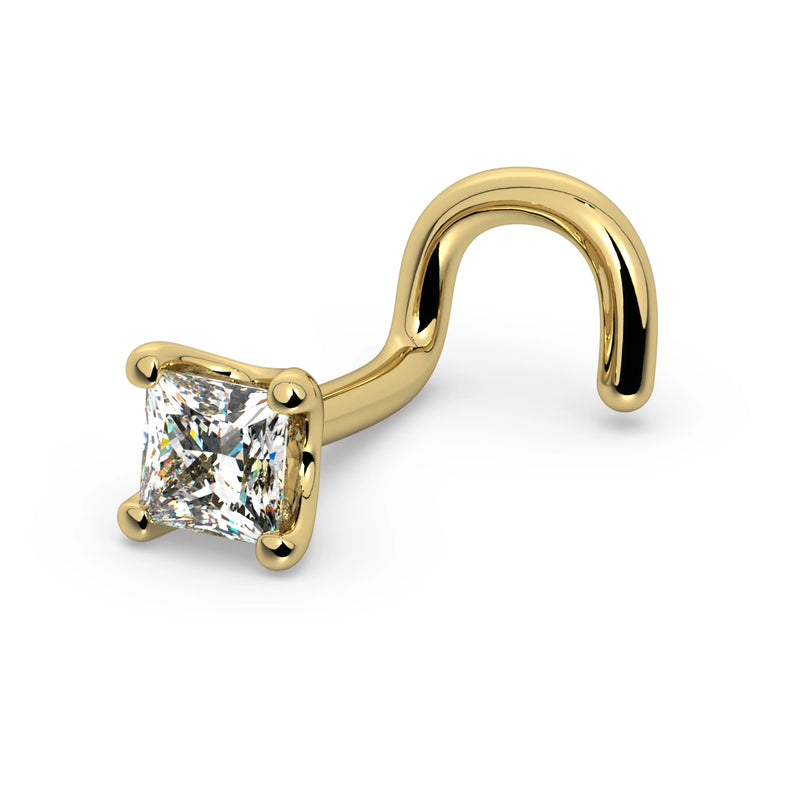 14k yellow gold princess-cut diamond nose screw with twist post, angled view showing full shape