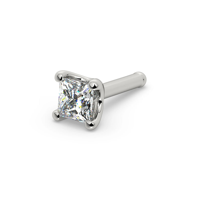 14k white gold 2.5mm princess-cut diamond nose bone stud, angled view showing ball-tipped post