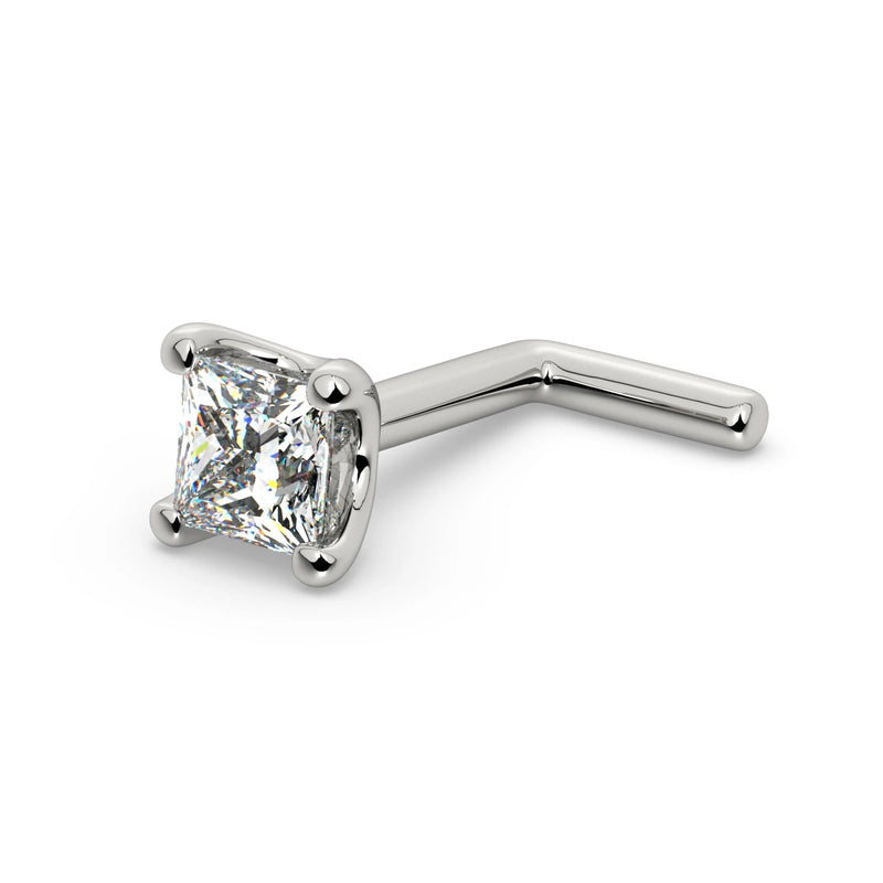 14k white gold 2.5mm princess-cut diamond L-post nose stud, angled view showing L-bend post