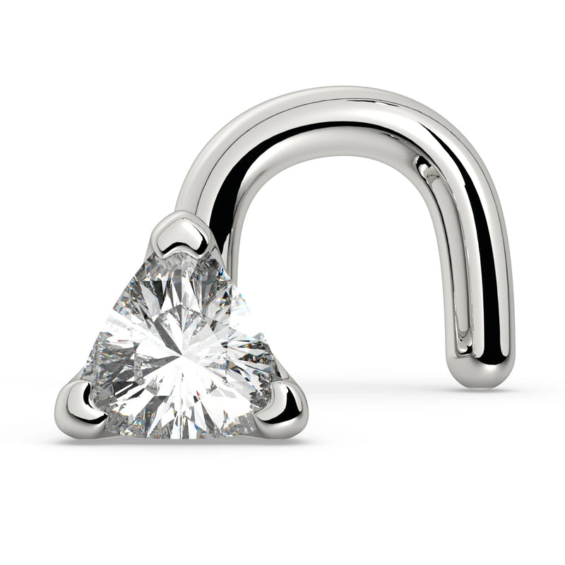14k white gold trillion diamond nose ring twist style, side profile showing curved screw backing