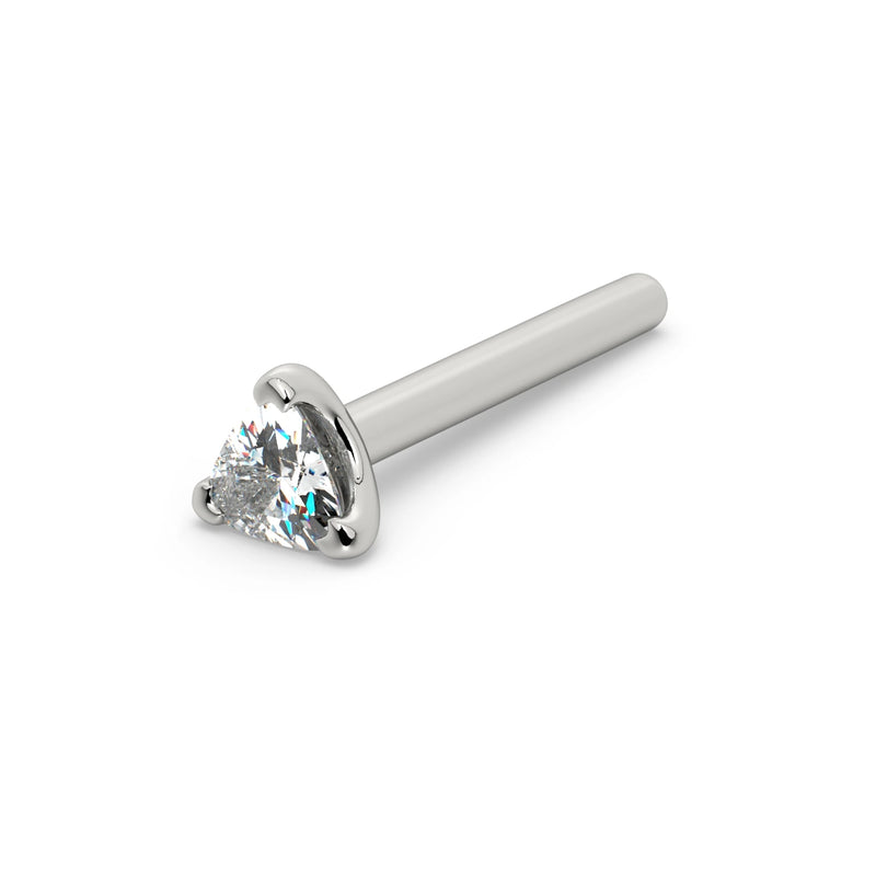 14k white gold trillion-cut diamond straight-post nose stud, angled view with plain pin backing