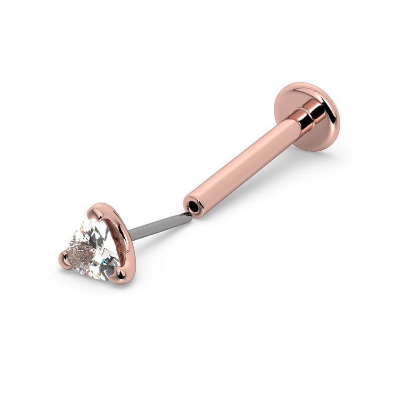 14k rose gold trillion diamond threadless labret, extended view showing separated push-pin end and post
