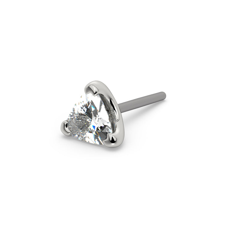 14k white gold trillion-cut diamond threadless end only, angled view with titanium push-pin post visible