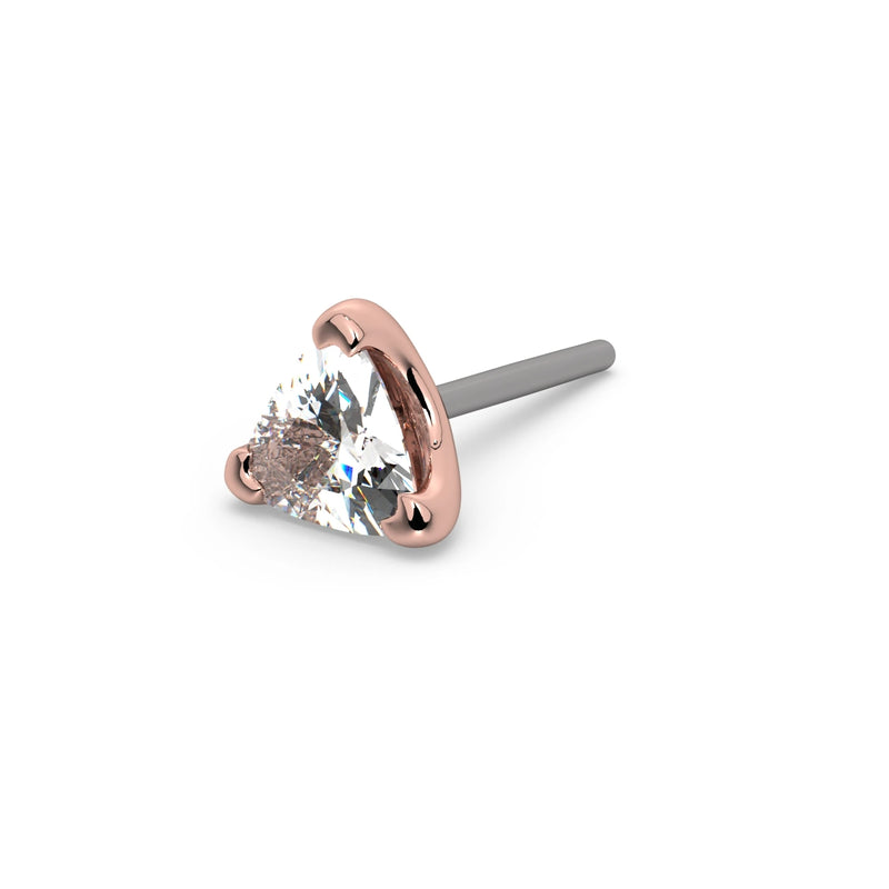 14k rose gold trillion-cut diamond threadless end only, angled view with titanium push-pin post visible
