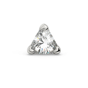 14k white gold 2.5mm trillion diamond labret end, straight-on front view of three-prong setting
