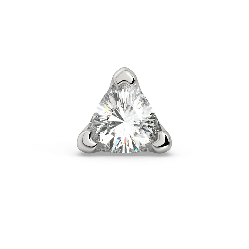 14k white gold 2.5mm trillion diamond labret end, straight-on front view of three-prong setting