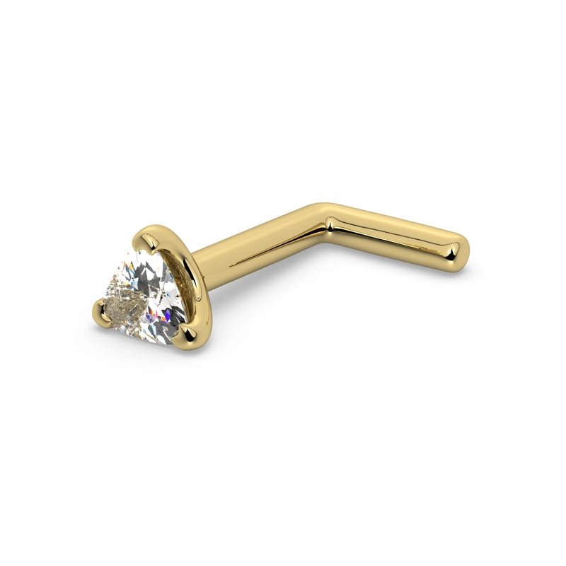 14k yellow gold trillion diamond L-post nose stud, angled view showing the angled L-shaped post
